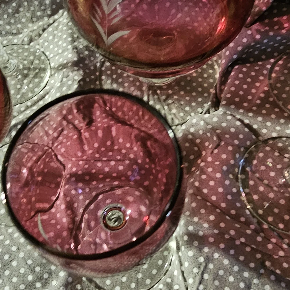 Ruby Red Etched Glass Decanter Set - 6 Stemmed Glasses